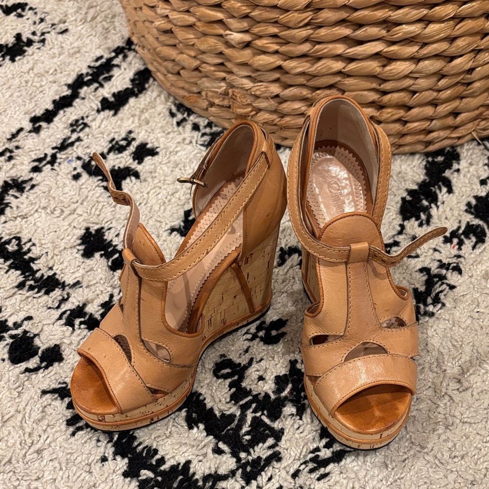 Chloe Tan Leather Wedge Sandals